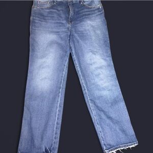 Good American high rise straight leg jeans size 14 medium wash raw hem stretch